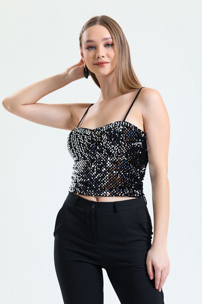 SENSE Sense Black Silver Zippered Sequined Velvet Bustier Wholesale Clothing Glam