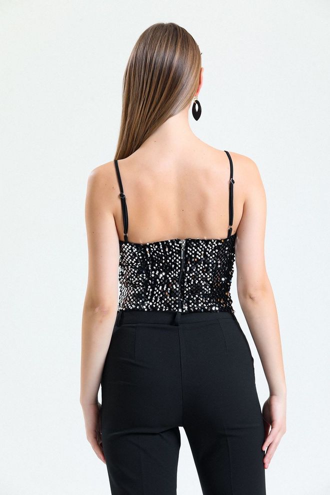 SENSE Sense Black Silver Zippered Sequined Velvet Bustier Wholesale Clothing Sexy