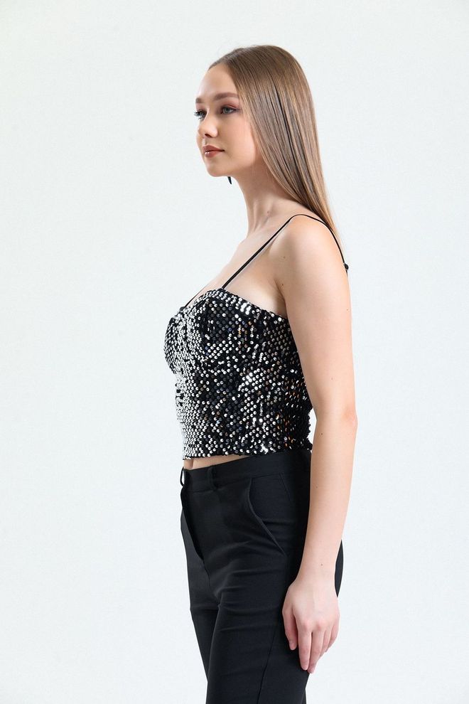 SENSE Sense Black Silver Zippered Sequined Velvet Bustier Wholesale Clothing 2