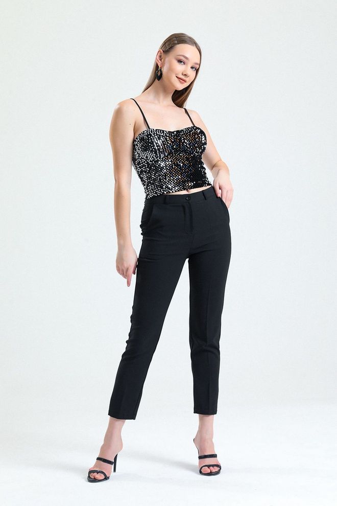SENSE Sense Black Silver Zippered Sequined Velvet Bustier Wholesale Clothing Spring