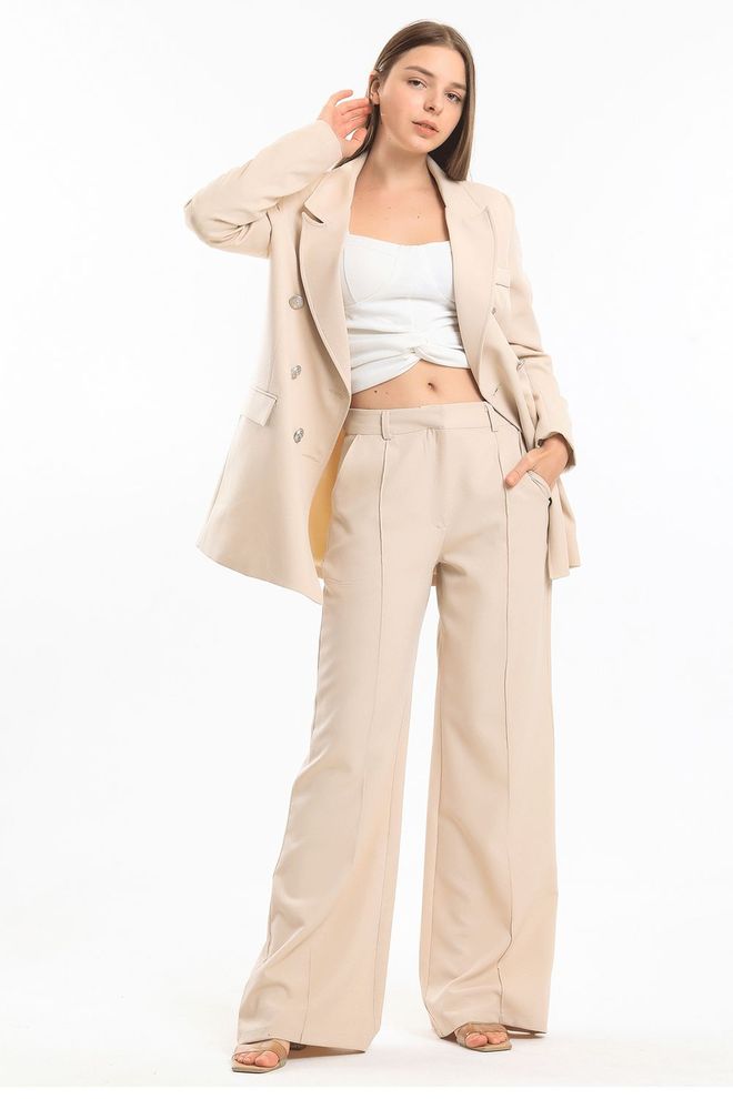 SENSE Sense Beige Ornamental Stitched Hürrem Fabric Loose Leg Pants Wholesale Clothing Spring