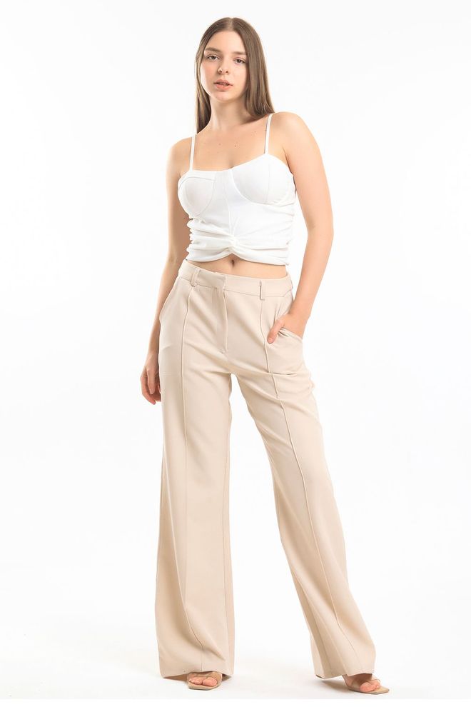 SENSE Sense Beige Ornamental Stitched Hürrem Fabric Loose Leg Pants Wholesale Clothing Polyester