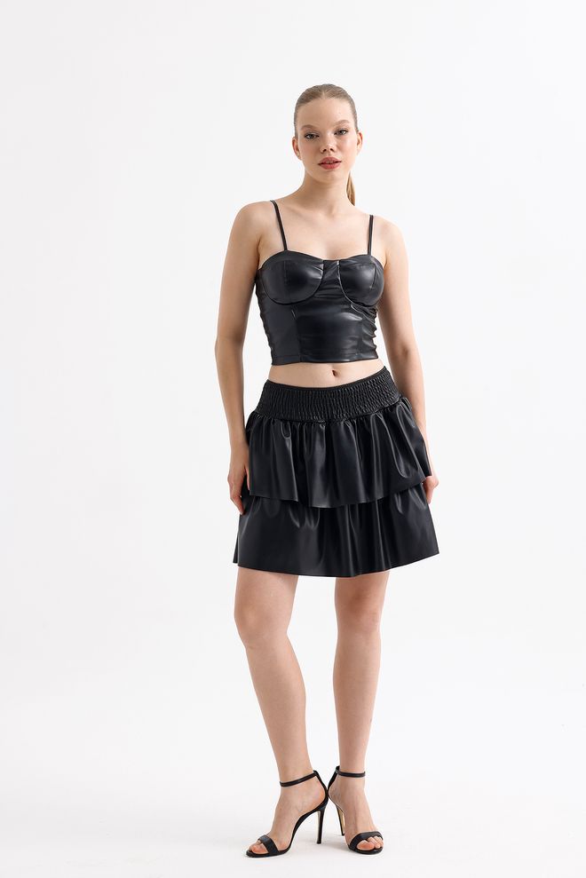 SENSE “Sense Black” Dirbtinės Odos Gibeled Valonijos Platėjantys Mini Sijonai Didmeninė prekyba drabužiais Kokteilinė