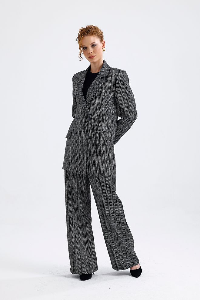 SENSE Zigzag Pattern Lined Patterned Jacket And Pants Set Anthracite Wholesale Clothing No Fabric