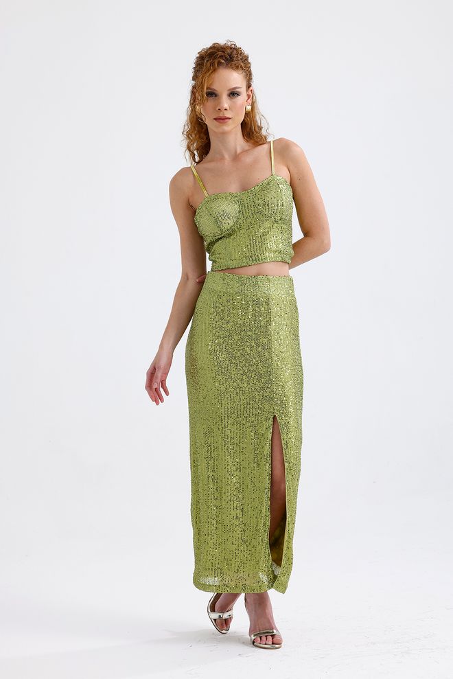 SENSE Elastic Waist Lined Sequin Evening Dress Skirt Pistachio Green Wholesale Clothing No Fabric