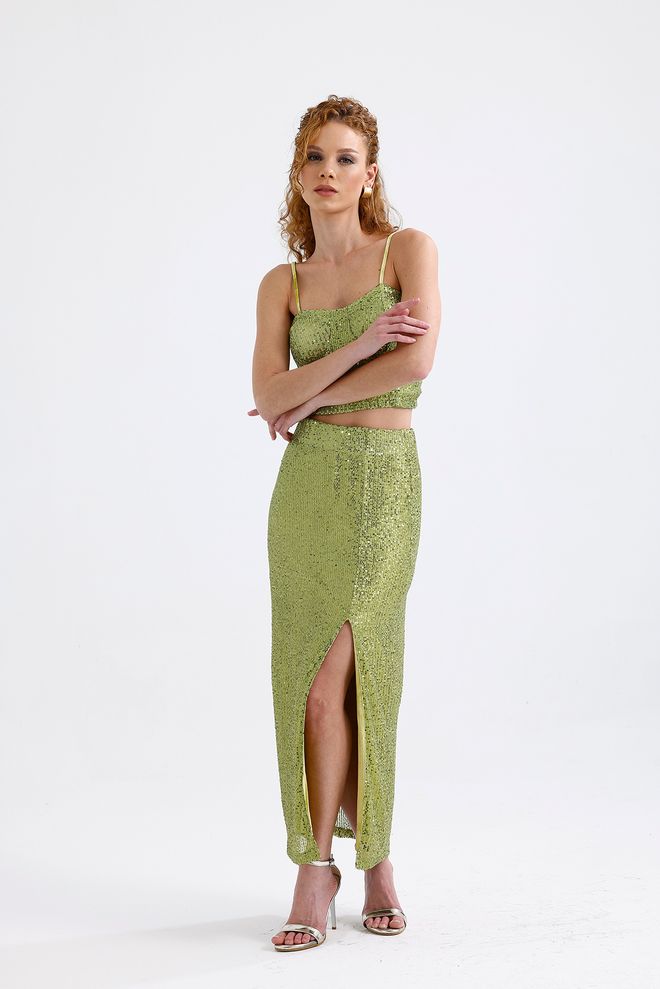 SENSE Elastic Waist Lined Sequin Evening Dress Skirt Pistachio Green Wholesale Clothing Evening