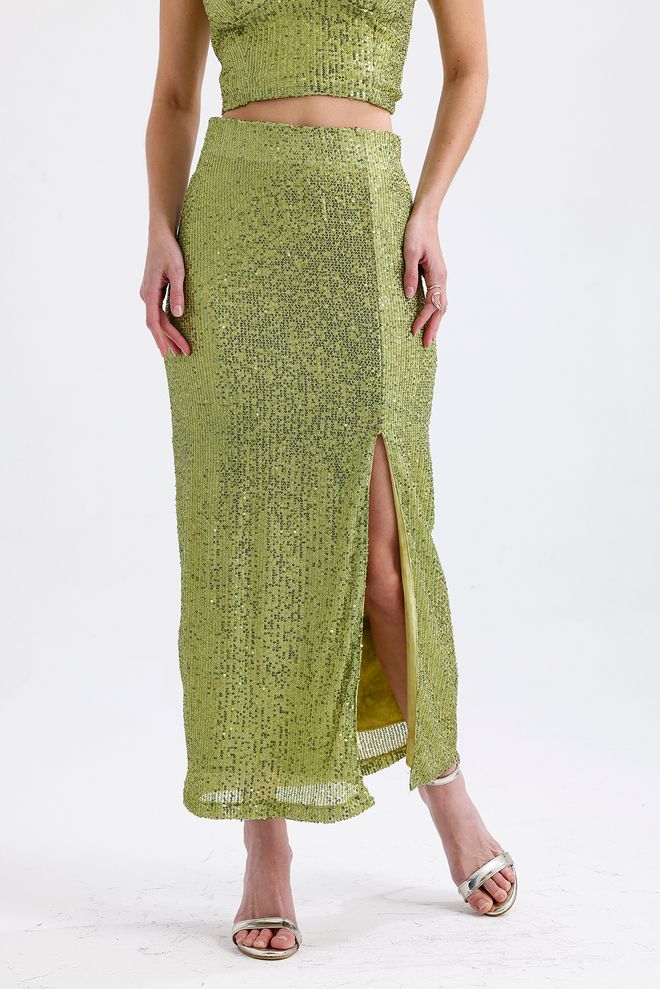 SENSE Elastic Waist Lined Sequin Evening Dress Skirt Pistachio Green Wholesale Clothing Summer