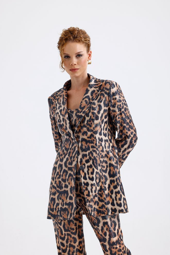 SENSE Red Leopard Sheer Lined Patterned Evening Dress Sequin Jacket Multicolor Wholesale Clothing Vintage