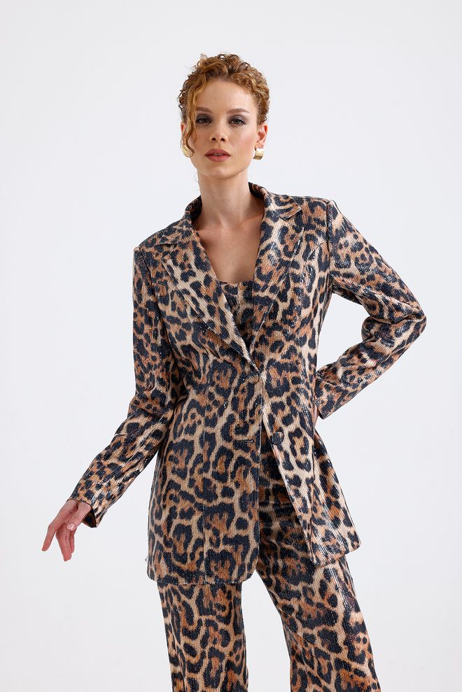 SENSE Red Leopard Sheer Lined Patterned Evening Dress Sequin Jacket Multicolor Wholesale Clothing No Fabric