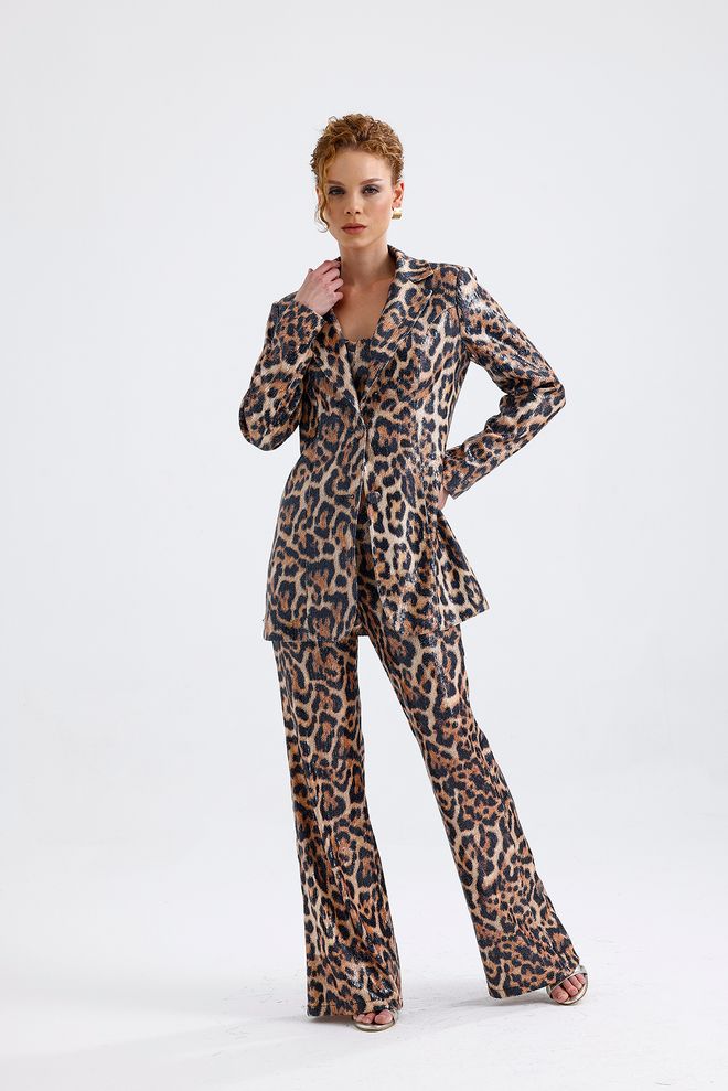 SENSE Red Leopard Sheer Lined Patterned Evening Dress Sequin Jacket Multicolor Wholesale Clothing 2