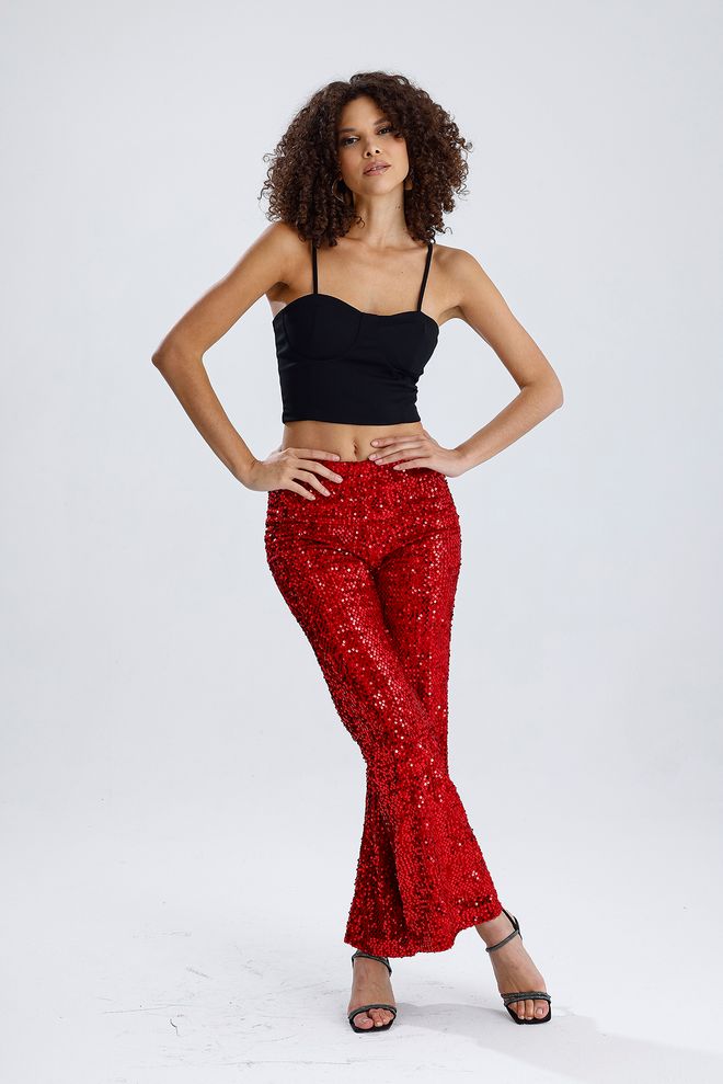 SENSE Pantaloni De Seară Cu Paiete Elastice Cu Picior Larg Căptușit Roșu Îmbrăcăminte cu ridicata Glam