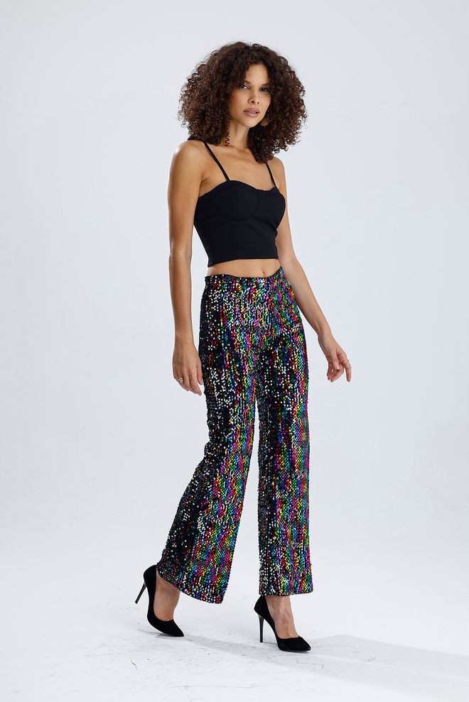 SENSE Podložene Elastične Večerne Hlače S Bleščicami S Širokimi Nogami Večbarvne Oblačila na debelo Glam
