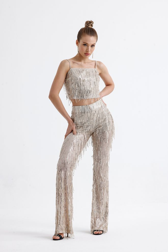 SENSE Lined Stretch Waist Sequin Evening Dress Pants Beige Wholesale Clothing No Fabric