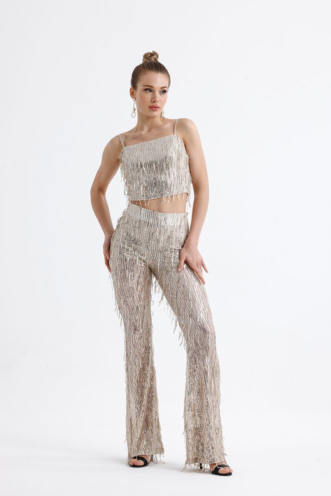 SENSE Lined Stretch Waist Sequin Evening Dress Pants Beige Wholesale Clothing Party