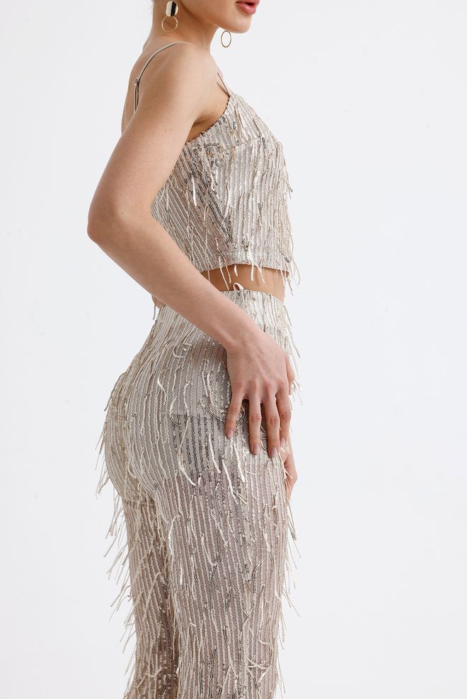 SENSE Lined Stretch Waist Sequin Evening Dress Pants Beige Wholesale Clothing Summer