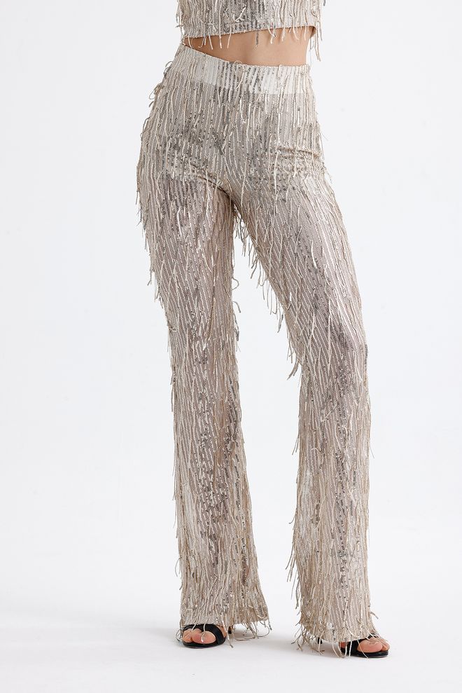 SENSE Lined Stretch Waist Sequin Evening Dress Pants Beige Wholesale Clothing 4