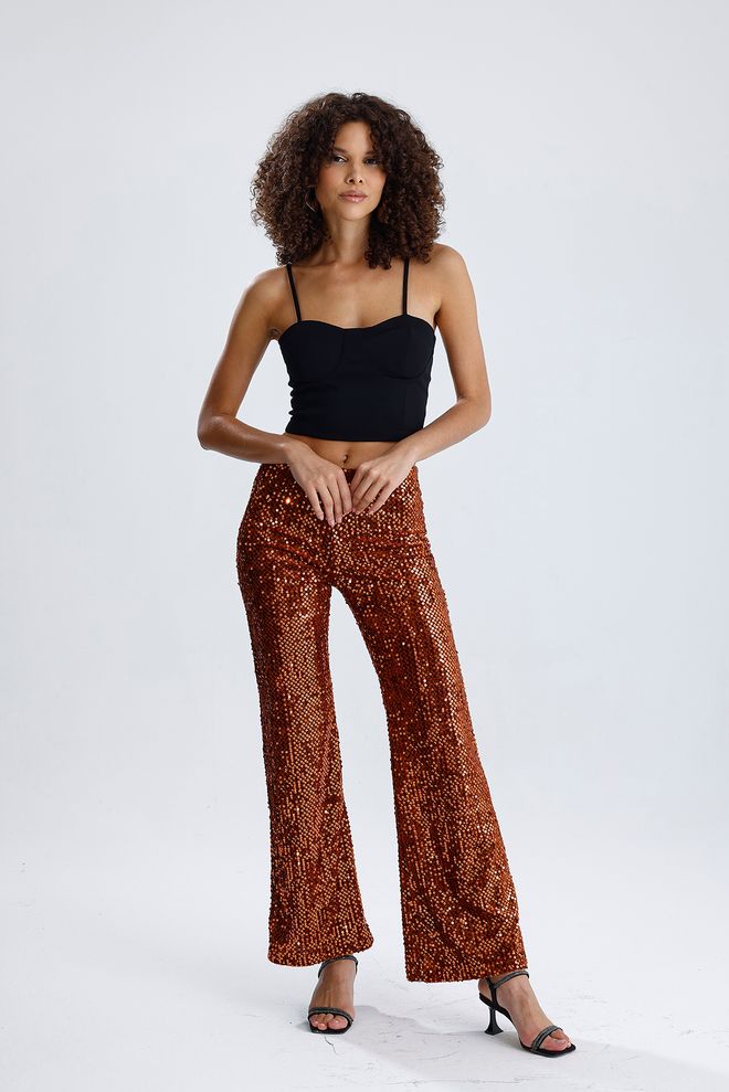 SENSE Pantalones De Noche Con Lentejuelas Elásticas Y Forro De Pierna Ancha Marrón Ropa al por mayor Glam