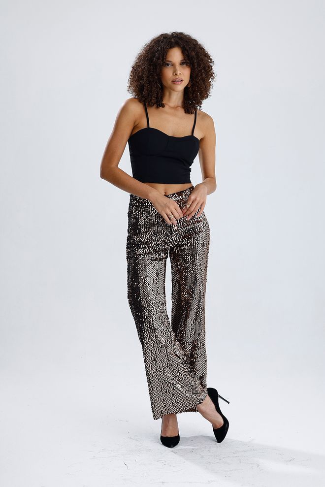 SENSE Pantalon De Soirée À Sequins À Jambes Larges Et Élastique Doublé Noir Vêtements en gros Glamour