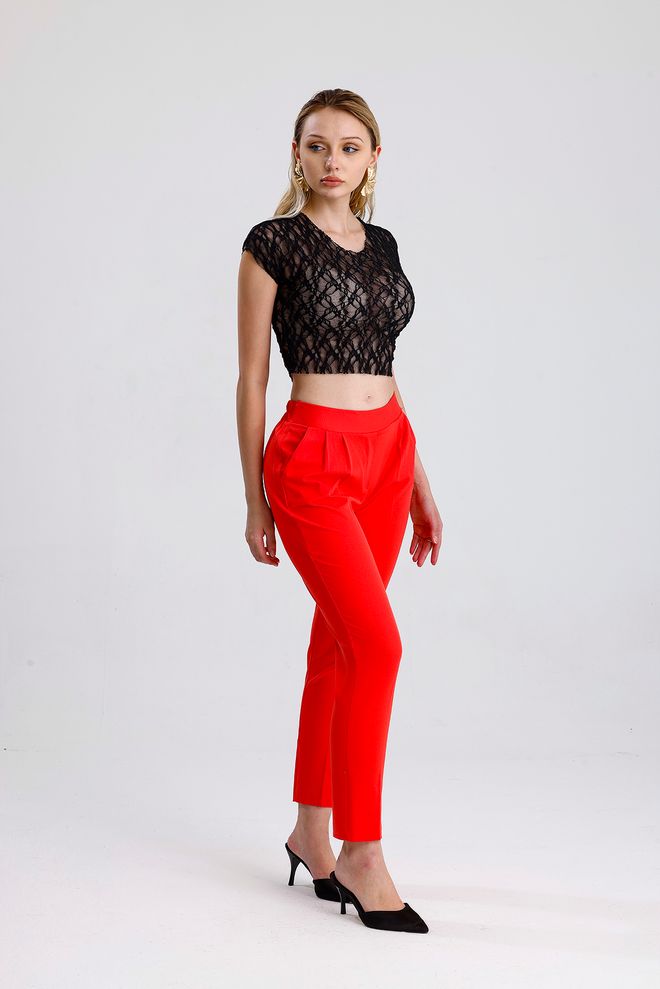 SENSE بنطال أحمر أنيق بخصر عالي وتصيير سيجارة Red Elegant High Waist Cigarette Pants ملابس بالجملة غير رسمي