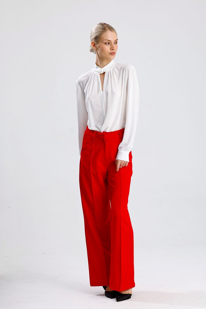 SENSE Red Palazzo Pants With Wide Leg And Mid Waist Wholesale Clothing 1
