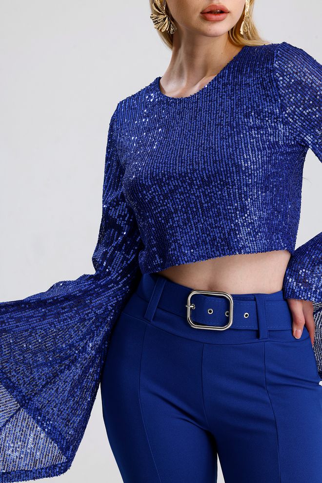 SENSE Blue Glam Slim Fit Sequined Crop Blouse Wholesale Clothing Spring