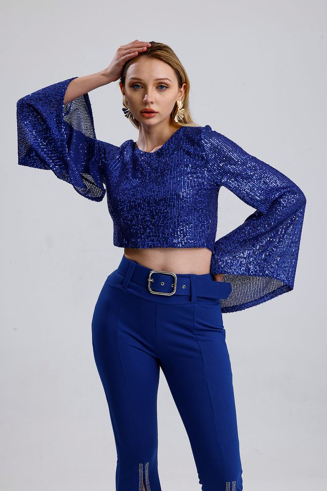 SENSE Blue Glam Slim Fit Sequined Crop Blouse Wholesale Clothing 1