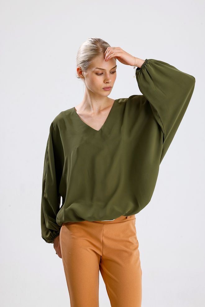SENSE Green Oversized Fit Balloon Sleeve Blouse Wholesale Clothing Modest