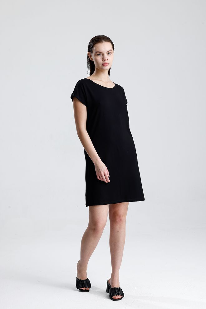 SENSE Črna Mini Obleka Shift S Kratkimi Rokavi Oblačila na debelo Lounge