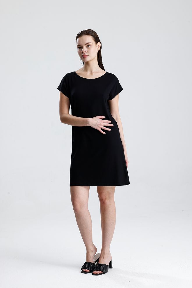 SENSE Črna Mini Obleka Shift S Kratkimi Rokavi Oblačila na debelo 1