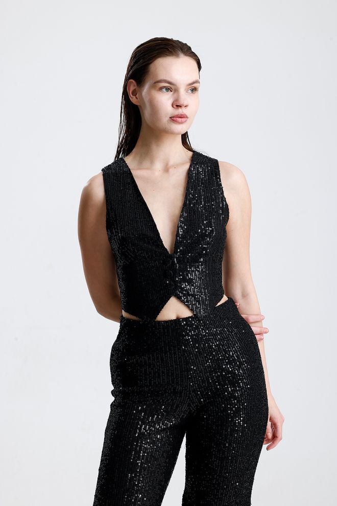 SENSE Μαύρο Sequined Στενή Κροπ Αμάνικο Μπλουζάκι Με Κουμπιά Χονδρικό εμπόριο ενδυμάτων Σέξι