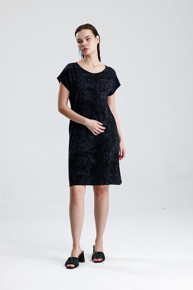 SENSE Črna Ležerna Skromna Shift Obleka S Kratkimi Kapa Rokavi Oblačila na debelo 1