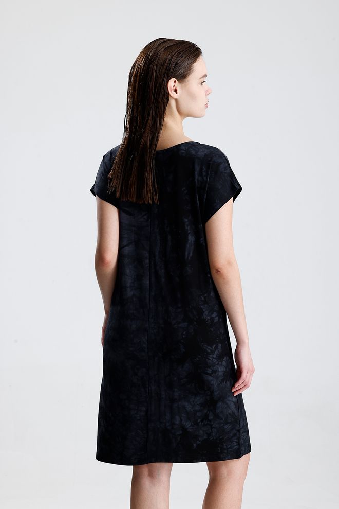 SENSE Črna Ležerna Skromna Shift Obleka S Kratkimi Kapa Rokavi Oblačila na debelo Ležerno