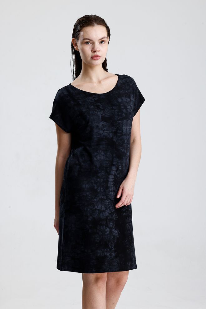 SENSE Črna Ležerna Skromna Shift Obleka S Kratkimi Kapa Rokavi Oblačila na debelo Pomlad