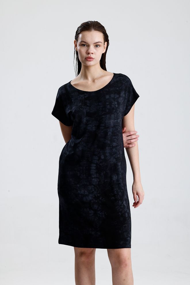 SENSE Črna Ležerna Skromna Shift Obleka S Kratkimi Kapa Rokavi Oblačila na debelo Lounge