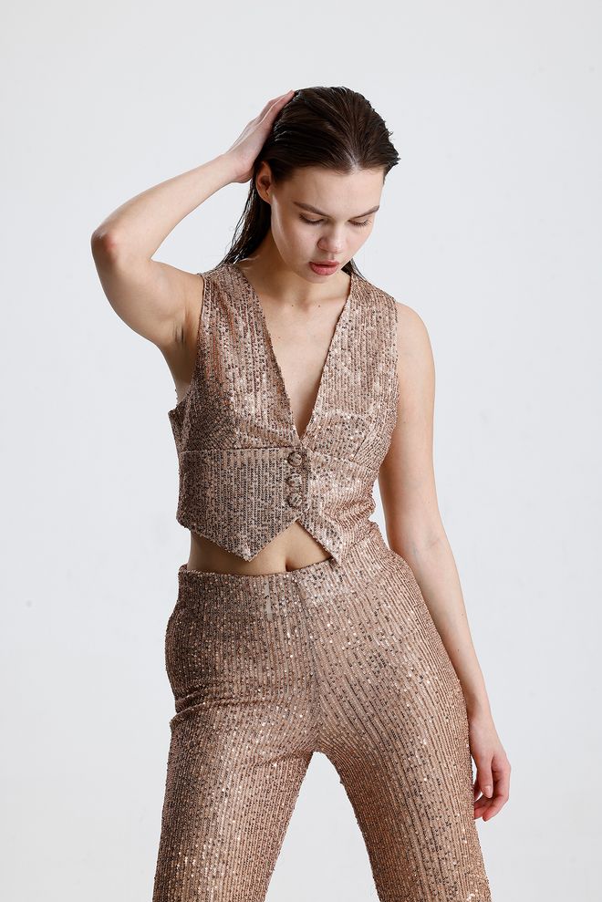SENSE Chaleco Corto Ajustado Glam Beige Con Lentejuelas Y Rayas Para Fiesta Noche Cóctel Baile Graduación En Otoño Invierno Primavera Ropa al por mayor Antiguo