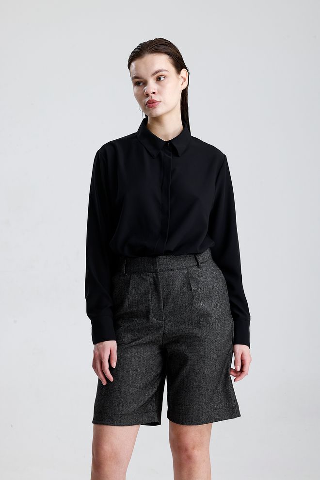 SENSE Black Bermuda Shorts High Waist With Buttoned Closure Wholesale Clothing Work