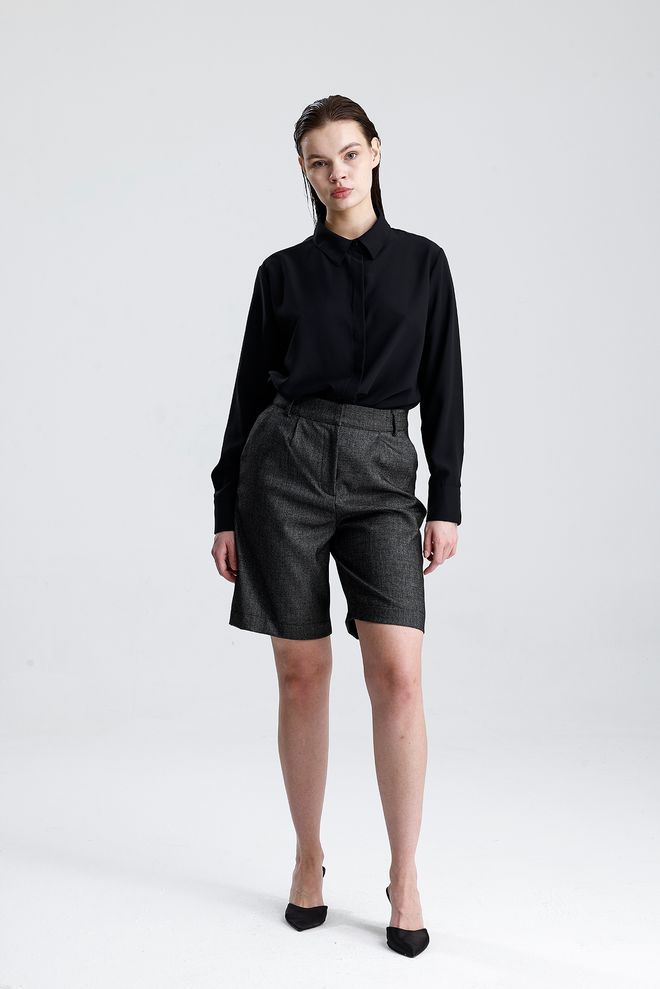 SENSE Black Bermuda Shorts High Waist With Buttoned Closure Wholesale Clothing 1