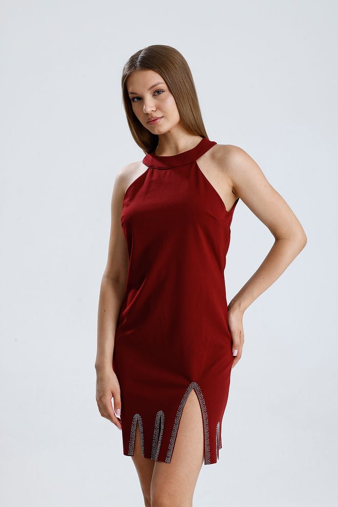 SENSE Claret Red Bodycon Mini Dress With High Neck Wholesale Clothing Sexy