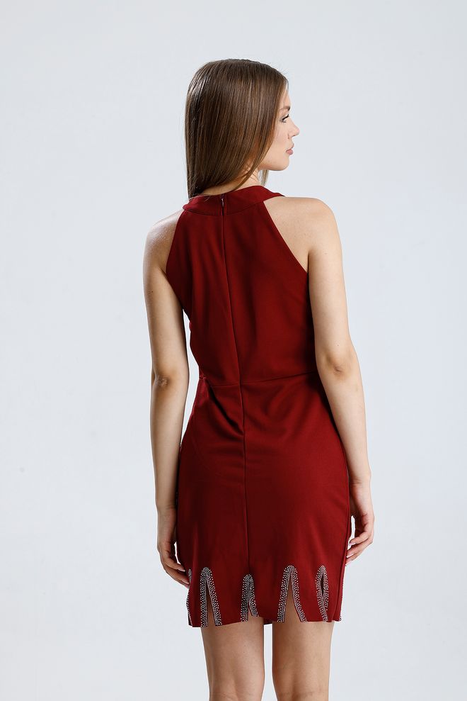 SENSE Bordo Bodycon Mini Elbise Balıkçı Yaka Toptan Giyim Resmi