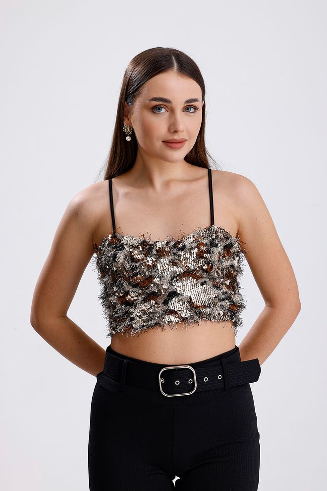 SENSE Bustino Nero Senza Spalline Con Paillettes E Manica Ad Aletta Abbigliamento all'ingrosso Casuale
