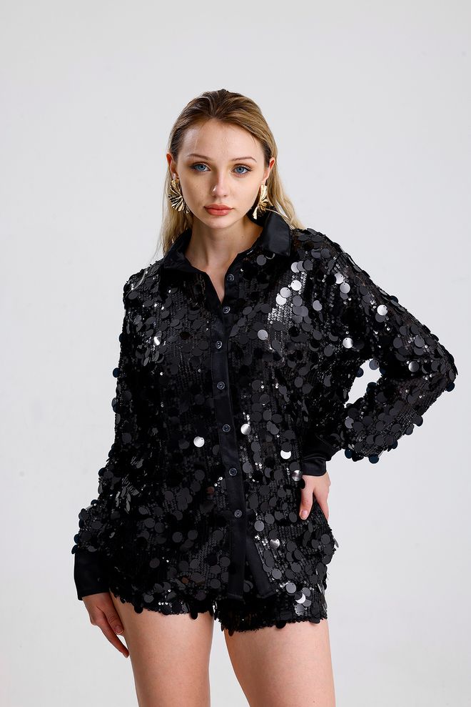 SENSE Crna Glamurozna Šljokičasta Majica S Gumbima Veleprodaja odjeće 1