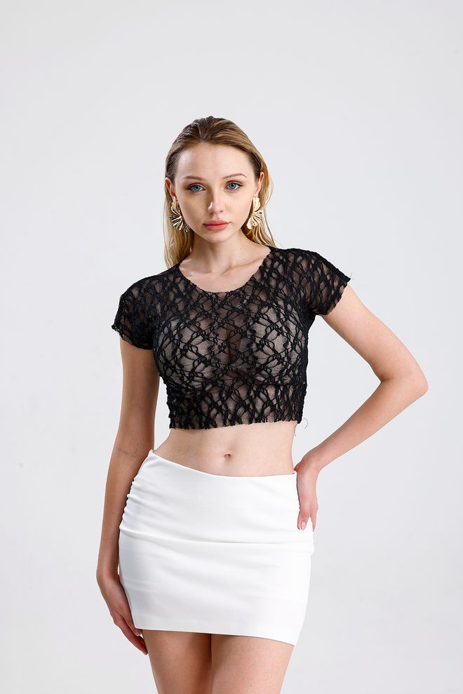 SENSE Black Slim Fit Crop Blouse With Round Neck Wholesale Clothing Casual