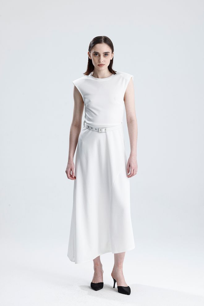 SENSE White A Line Dress With Cap Sleeves Wholesale Clothing Casual