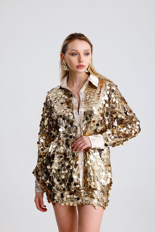 SENSE Gold Glam Elegant Sequined Polo Neck Shirt Wholesale Clothing 1