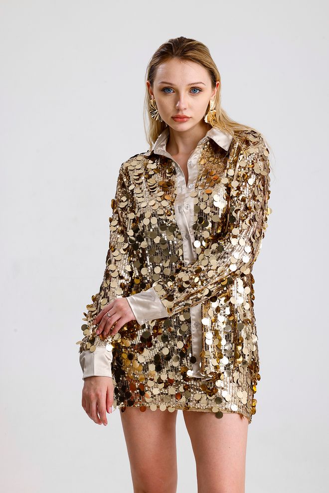 SENSE Camisa Dourada Glamorosa Elegante Com Lantejoulas E Decote Polo Roupas por atacado Vintage