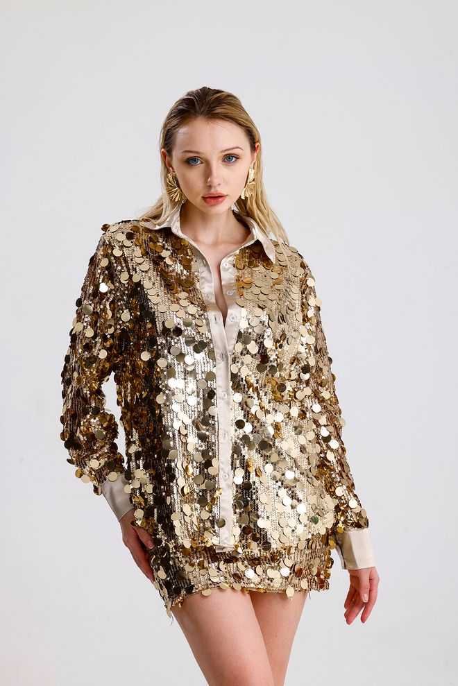 SENSE Gold Glam Elegant Sequined Polo Neck Shirt Wholesale Clothing Spring