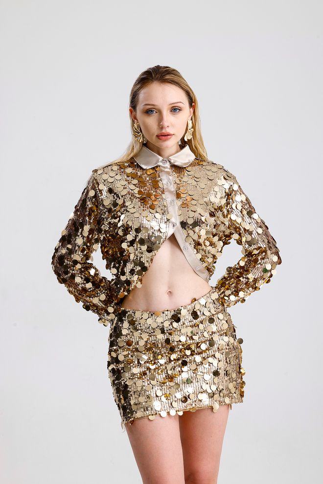 SENSE Zlata Mini Bodycon Krilo Z Bleščicami Na Gumbe In Srednji Pas Oblačila na debelo Seksi