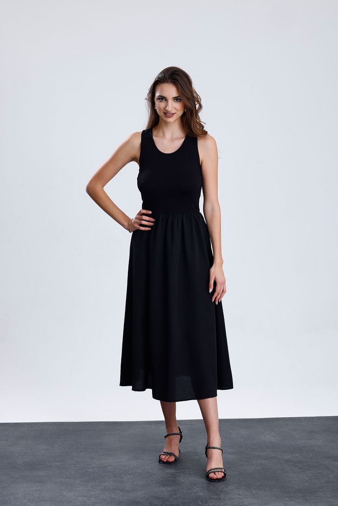 SENSE Black A Line Midi Dress With Cap Sleeves Wholesale Clothing Casual