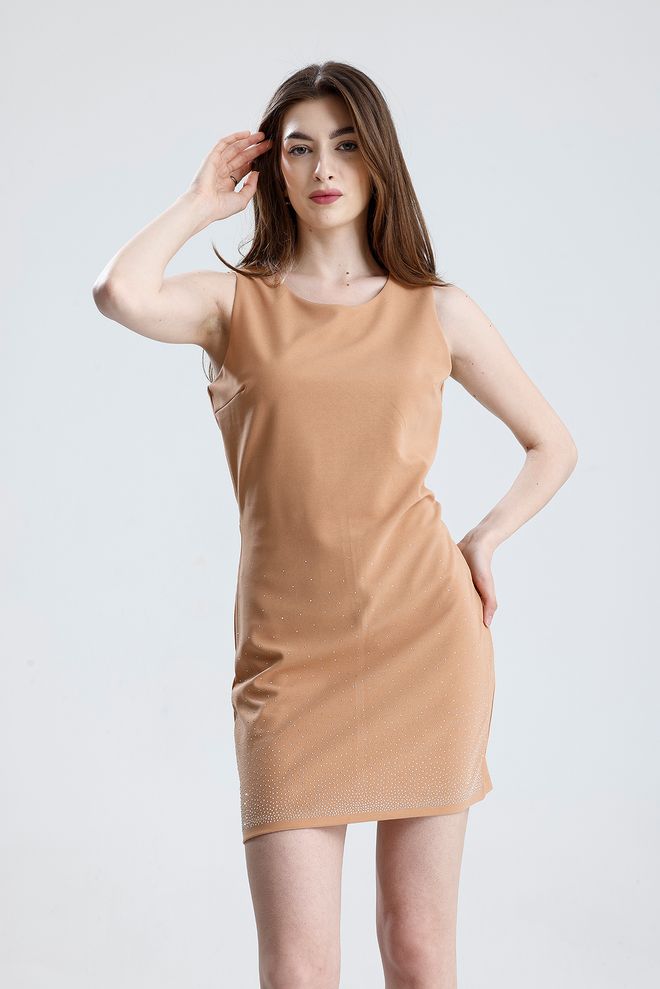 SENSE Beige Bodycon Mini Dress With Round Neck Wholesale Clothing Casual