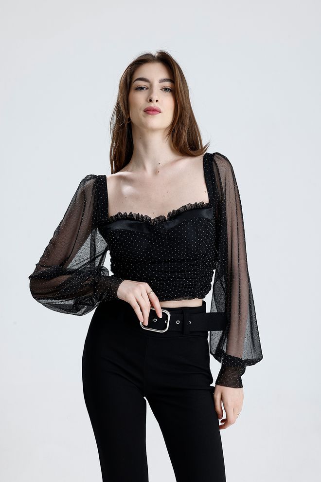 SENSE Black Fitted Polka Dot Blouse With Square Neck Wholesale Clothing Vintage